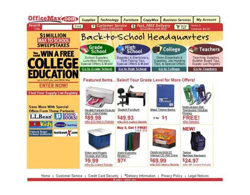 Screenshot of OfficeMax Back-to-School Home Page